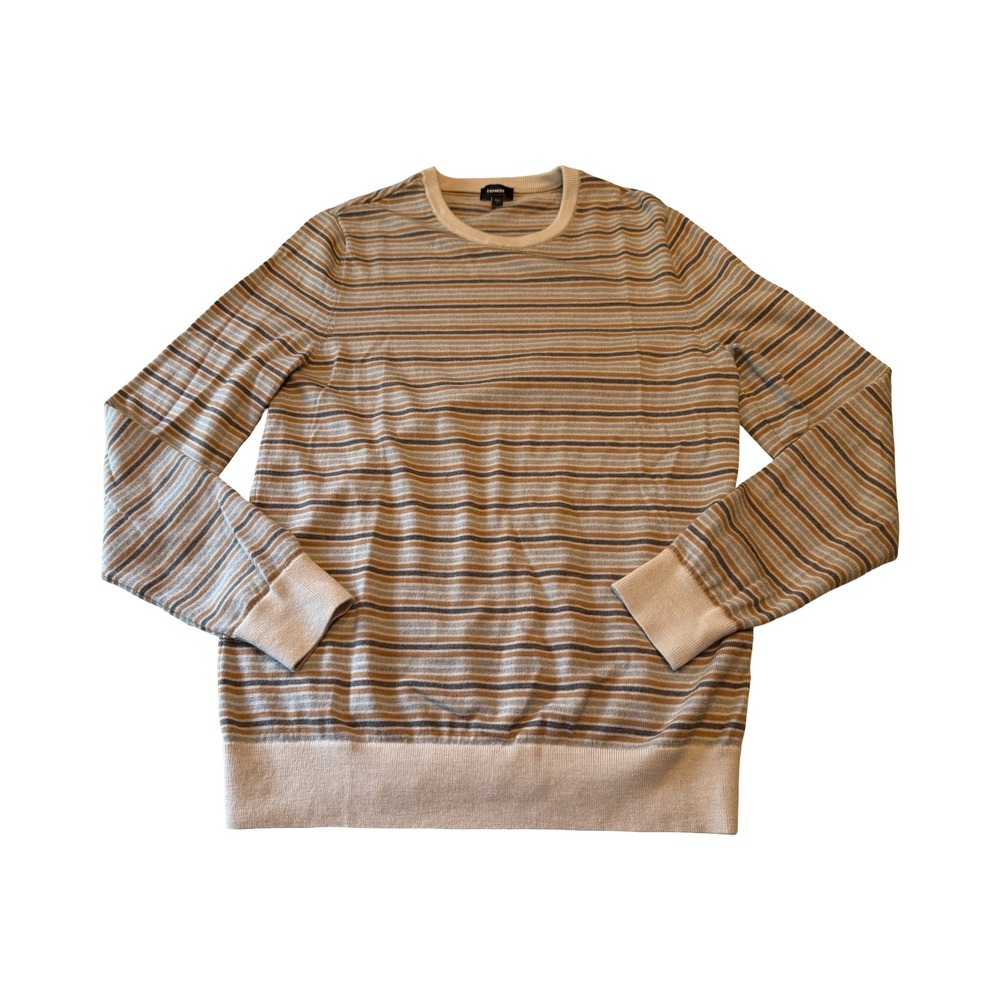 Express Mens Merino Wool Striped Sweater Tan Brown Grey Crew Neck Size M